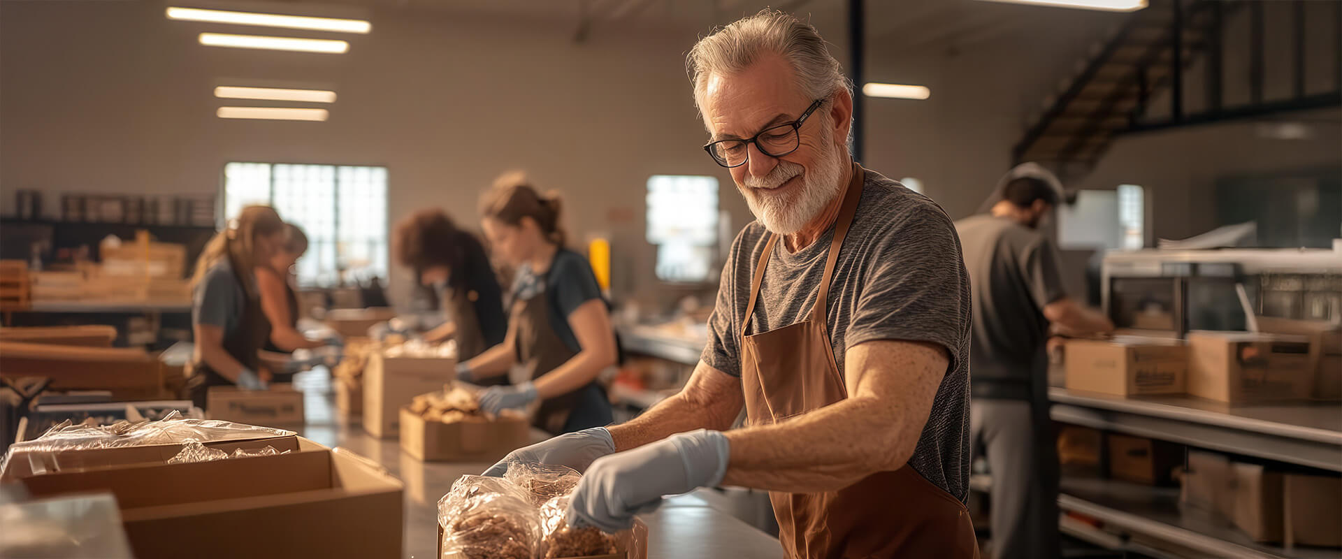 Happy senior volunteering his time