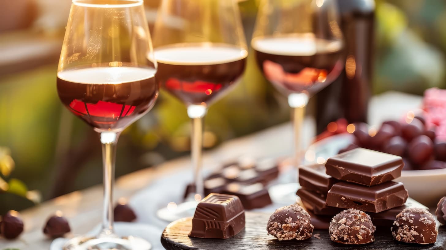 Glasses of wine and various assorted chocolates