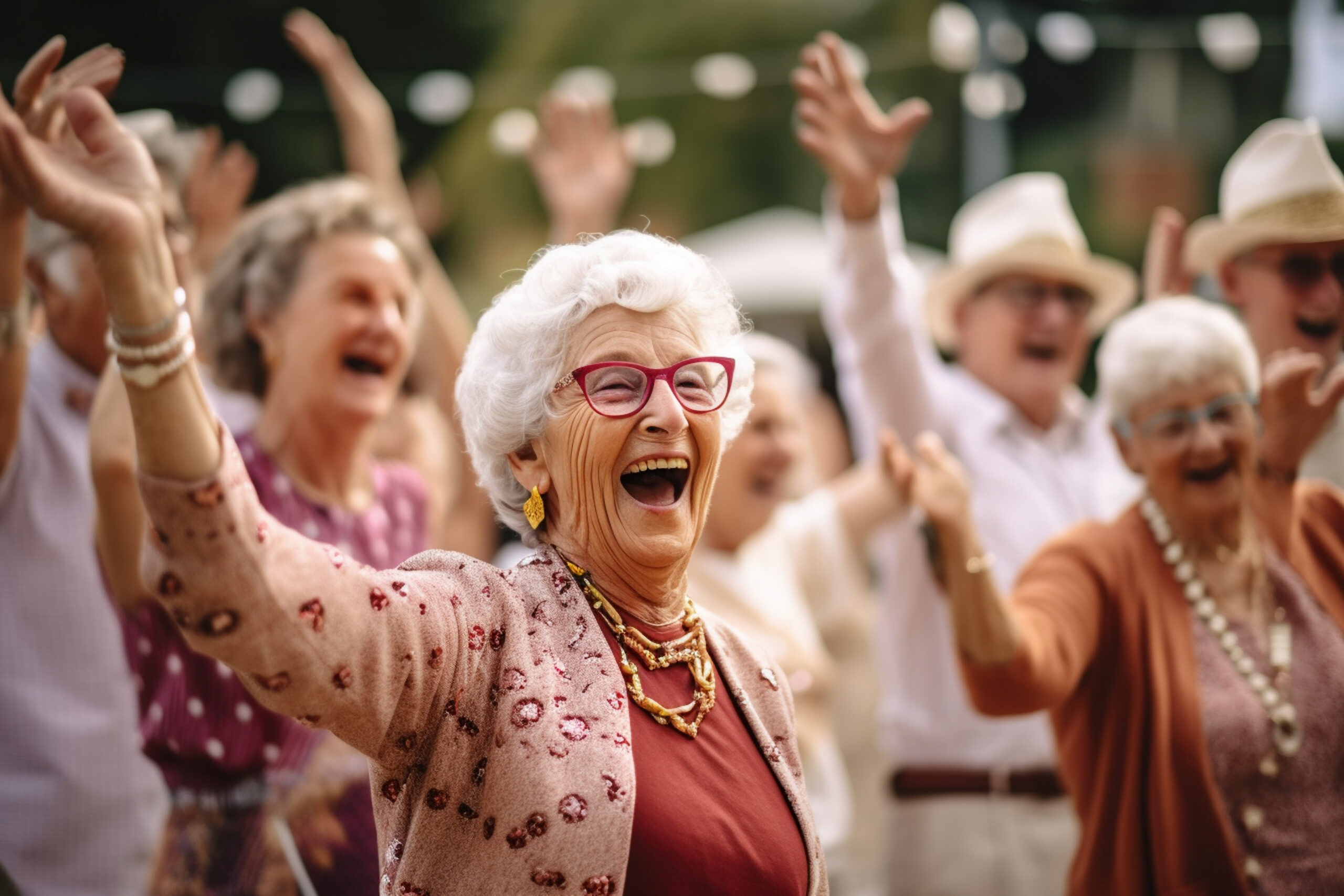 seniors dancing outdoors during festival