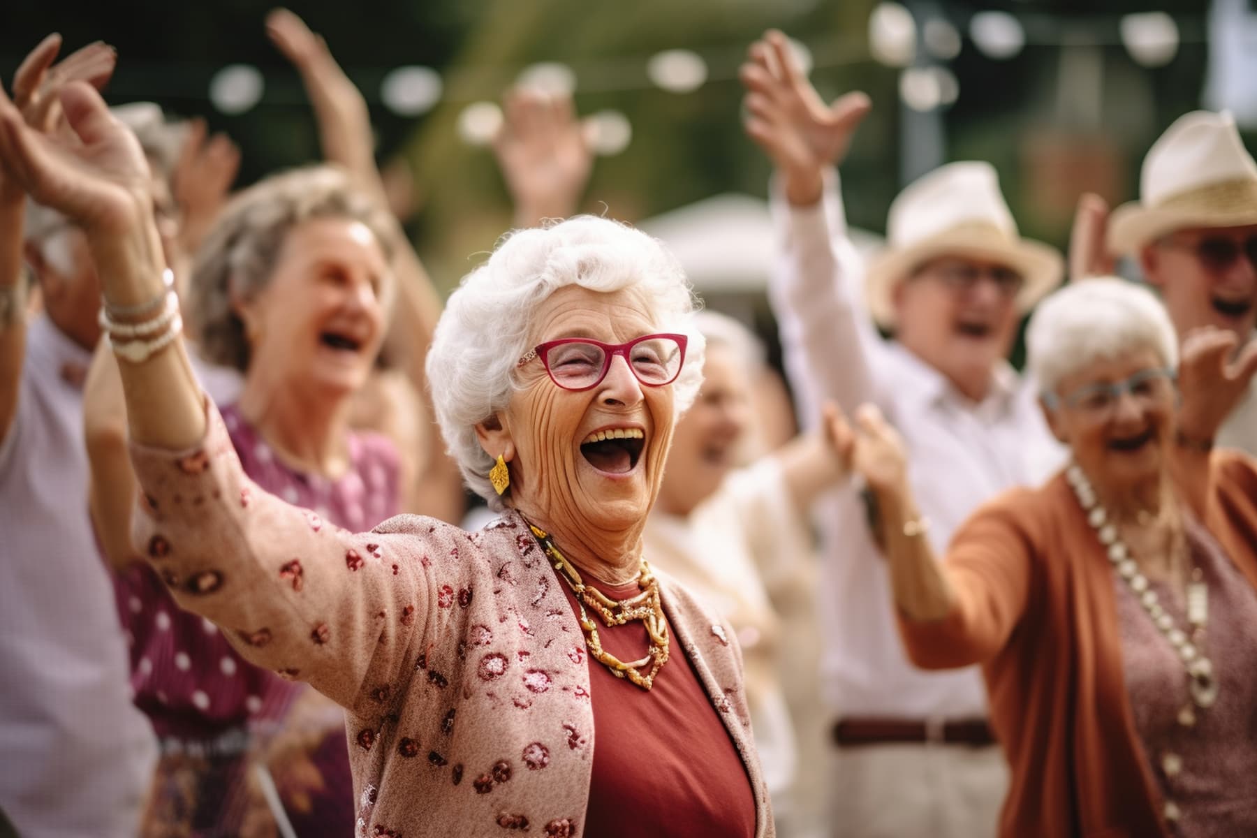 Joyful Birthday Celebration Outdoors Elderly people joyously celebrating an outdoor birthday party.