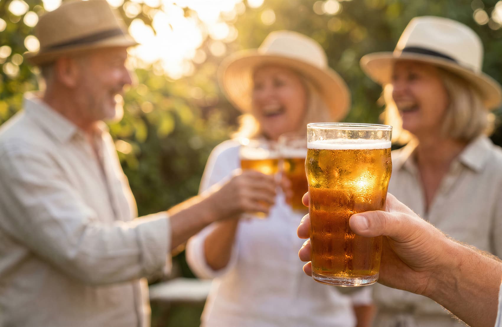 Seniors enjoying a refreshing drink outdoors in a garden setting.