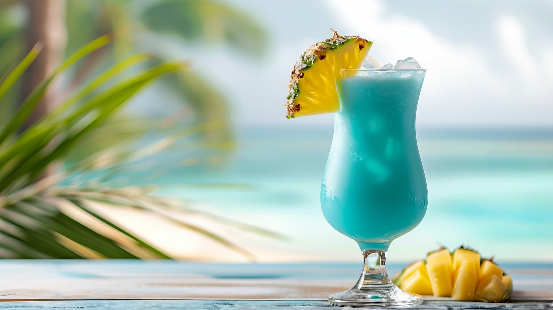 Tropical blue cocktail with pineapple slice by an ocean view.